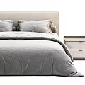 Modern Cozy Bedroom With Upholstered Beige Headboard Gray Comforter Pillows And Wooden Nightstand
