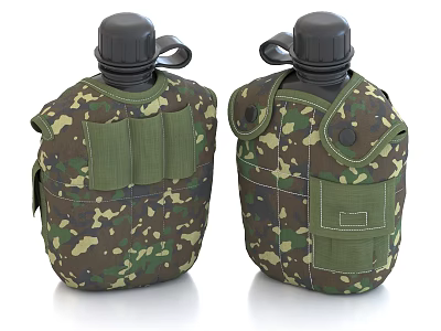 Camouflage Water Bottles With Carrying Case Pockets Buttons Black Lids And Straps For Outdoor Use 3d model
