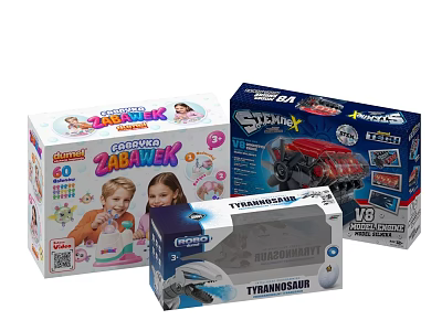 Colorful Children's Toy Boxes Including ZABAVEK Playset And Transformers V8 Action Figures 3d model
