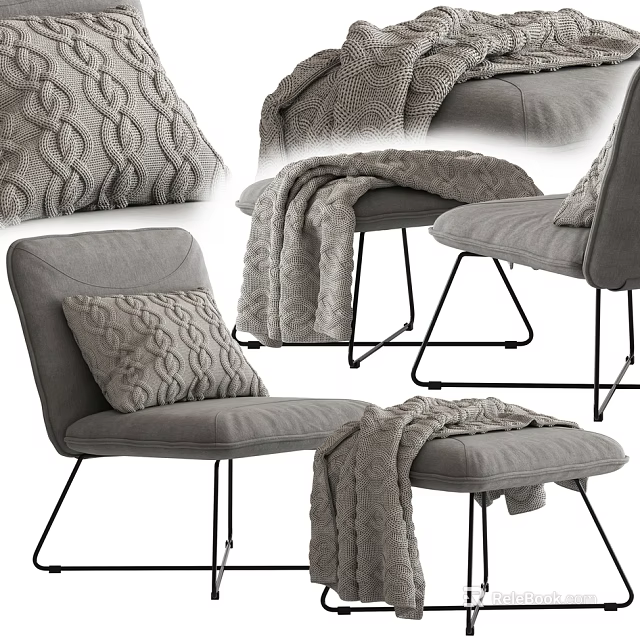 Comfortable Gray Leisure Chair with Knitted Cushion and Throw Blanket on Black Metal Legs 3d model 