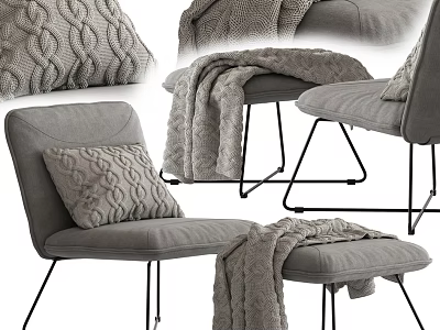 Comfortable Gray Leisure Chair with Knitted Cushion and Throw Blanket on Black Metal Legs 3d model