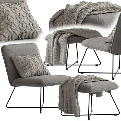 Comfortable Gray Leisure Chair with Knitted Cushion and Throw Blanket on Black Metal Legs 3d model