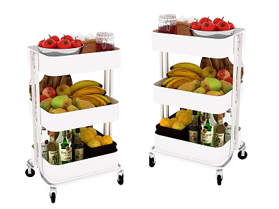 Fresh Fruits Display on Three Tier Rolling Carts with Strawberries Bananas Apples and Beverage Bottles 3d model