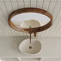 Minimalist Bathroom Vanity With Stone Countertop Round Wooden Frame Mirror And Faucet Storage Compartments