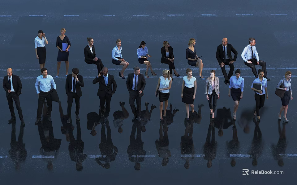 Group of Business Professionals Standing and Sitting with Floor Reflections on Dark Background 3d model 
