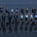 Group of Business Professionals Standing and Sitting with Floor Reflections on Dark Background