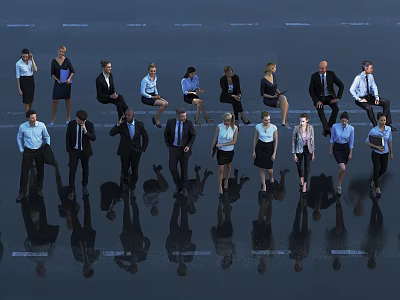 Group of Business Professionals Standing and Sitting with Floor Reflections on Dark Background 3d model