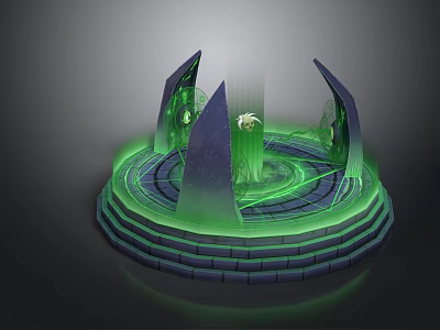 Mystical Circular Platform With Green Glowing Rings Spiked Structures And Central Light 3d model