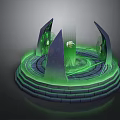Mystical Circular Platform With Green Glowing Rings Spiked Structures And Central Light