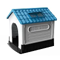 Plastic Dog House With Blue Roof White Body Black Base Arched Entrance And Ventilation Grilles