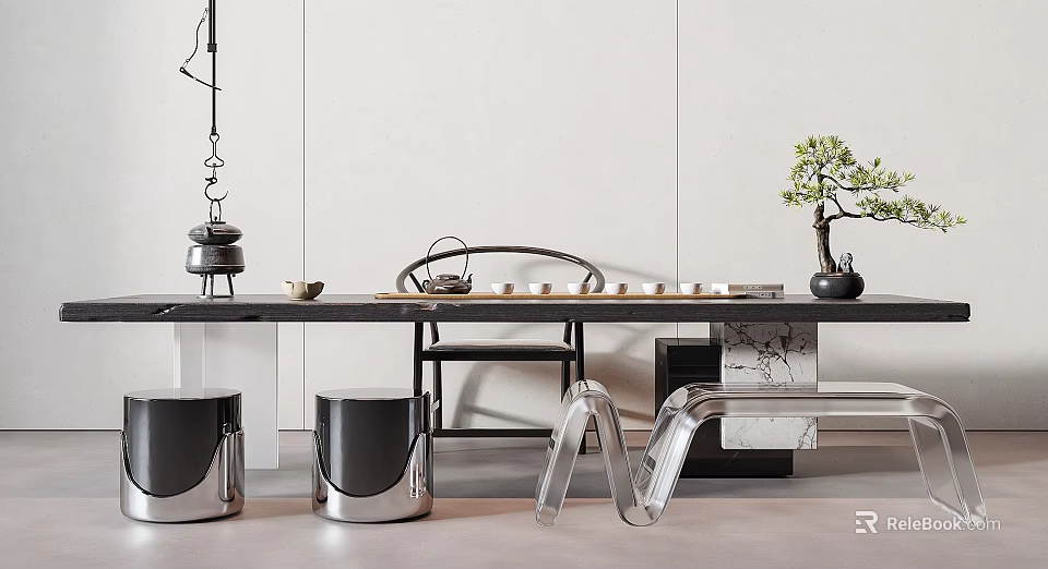 Modern Tea Table And Chairs With Metal Stools Small Potted Plant And Tea Set 3d model 