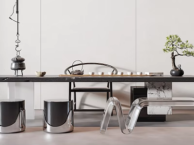 Modern Tea Table And Chairs With Metal Stools Small Potted Plant And Tea Set 3d model