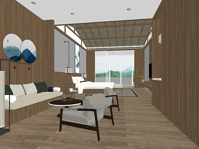Modern Hotel Guest Room With Wooden Walls Sofa Coffee Table And Mountain View Through Windows 3d model