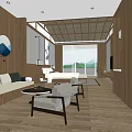 Modern Hotel Guest Room With Wooden Walls Sofa Coffee Table And Mountain View Through Windows