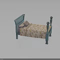 Blue Wooden Bed Frame With Floral Bedspread And Light Pink Pillows