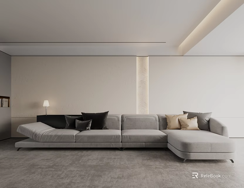 Modern Living Room With Gray Sectional Sofa And Black Beige Cushions 3d model 