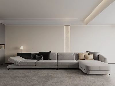 Modern Living Room With Gray Sectional Sofa And Black Beige Cushions 3d model