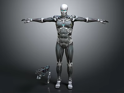 Futuristic Metallic Humanoid Robot With Mechanical Structure Standing Pose And Glowing Chest Accessory 3d model