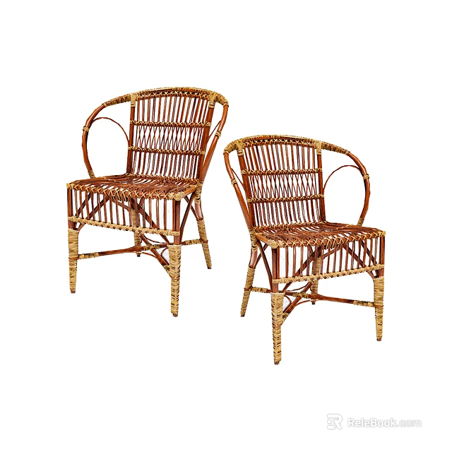 Two Classic Wicker Leisure Chairs With Armrests And Rattan Weave Design 3d model 