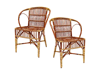 Two Classic Wicker Leisure Chairs With Armrests And Rattan Weave Design 3d model