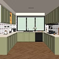 Modern Kitchen Interior With Green Cabinets White Countertops Window With Blinds And Herringbone Flooring