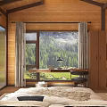 Cozy Wooden Hotel Room with Comfortable Bed Mountain View Windows and Desk Chair