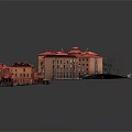 Cartoon Style Red Roof Building Complex Model With Vehicles And Trees