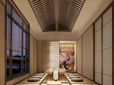 Japanese Style Private Room With Tatami Mats Low Table And Cherry Blossom Decor 3d model