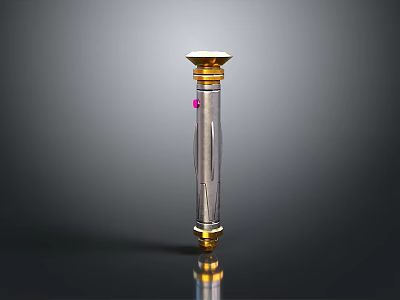 Sleek Metallic Weapon With Silver Body Gold Accents Red Detail And Flared Top Design 3d model