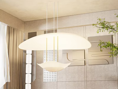 Modern White Double Layer Pendant Light In Minimalist Interior With Beige Wall And Green Plant 3d model