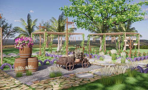 New Chinese Style Vegetable Garden Rural Courtyard Landscape Slab Pavement Ecological Fence Stone Mill Tire Road Farmland Restaurant Landscape Vegetable Garden 3d model