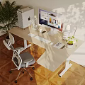 Home Office Desk Setup With Dual Monitors Ergonomic Chair Desk Lamp And Green Plants