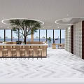 Modern Cafe Interior With Circular Ceiling Wooden Bar Counter Green Plants And High Stools