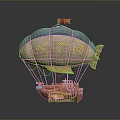 Blue And White Hot Air Balloon With Red Flag Yellow Symbols Small Wings And Wooden Basket