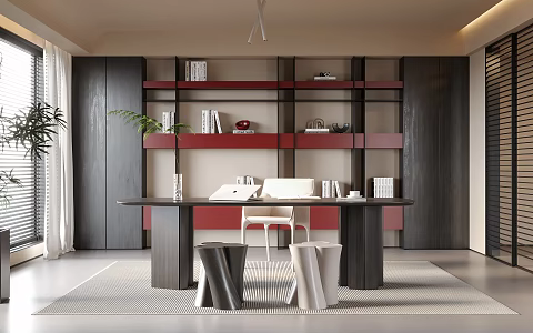 Modern Study Desk Chair Stool Bookcase 3d model