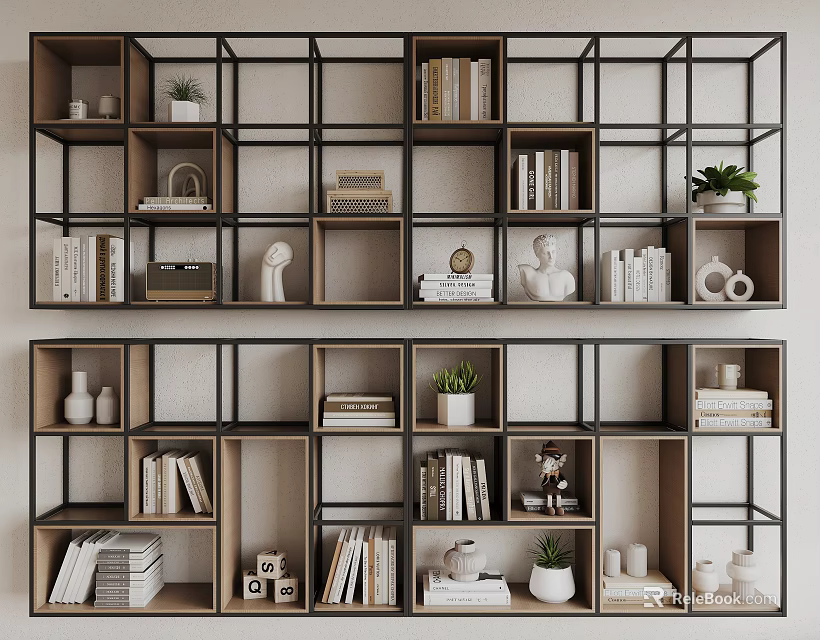 Open Black Frame Bookshelf with Multiple Shelves Books Decorative Items and Potted Plants 3d model 