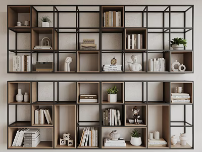 Open Black Frame Bookshelf with Multiple Shelves Books Decorative Items and Potted Plants 3d model