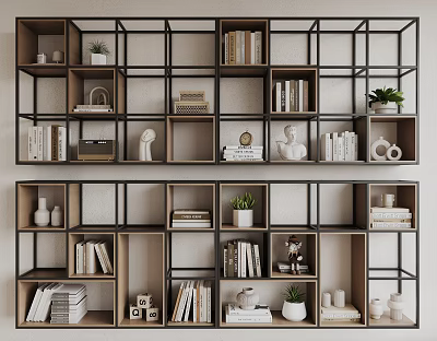 Open Black Frame Bookshelf with Multiple Shelves Books Decorative Items and Potted Plants 3d model