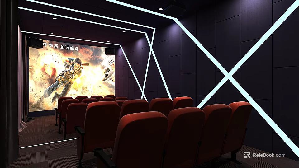 Home Theater Interior Design With Red Seats Large Screen And Lighting Features 3d model