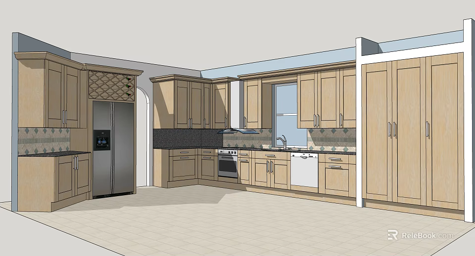 Light Wood Kitchen Cabinets Full Set With Refrigerator Sink And Oven 3d model 