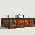 Traditional Open Kitchen Counter With Red Panels Green Patterns And Wooden Frame