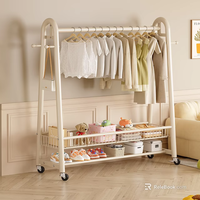 Freestanding Modern Wheeled Clothes Rack With Hanging Rod Storage Shelves Baskets And Shoes 3d model 