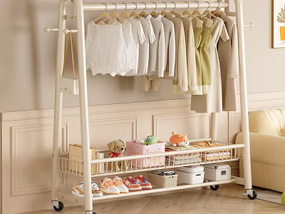 Freestanding Modern Wheeled Clothes Rack With Hanging Rod Storage Shelves Baskets And Shoes 3d model