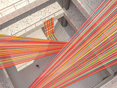 Vibrant Colorful Strip Art Installation In Urban Architectural Space With Person Below 3d model