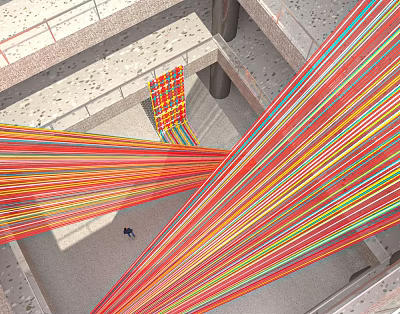 Vibrant Colorful Strip Art Installation In Urban Architectural Space With Person Below 3d model