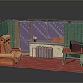 Scenic Window View In Cozy Interior With Green Patterned Walls Orange Armchair And Vintage TV