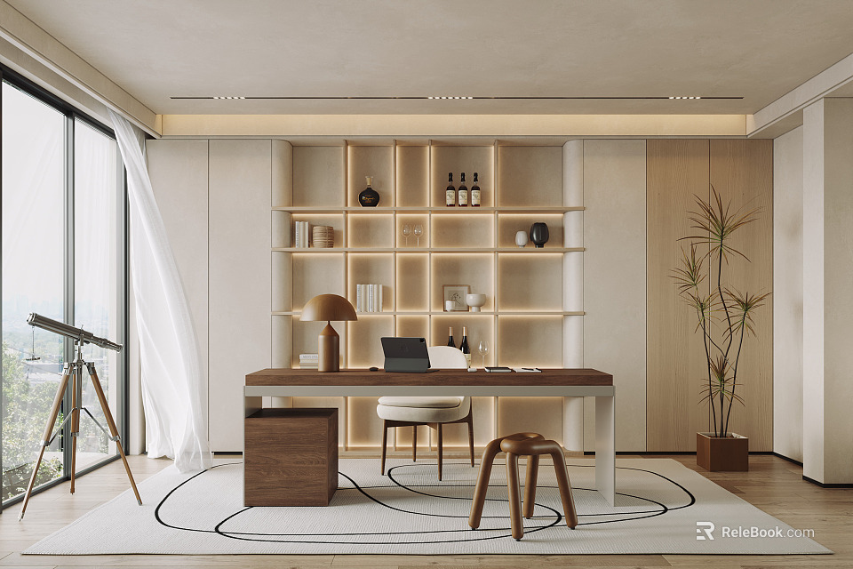 Modern Study Room Interior With Wooden Desk Laptop Table Lamp Shelves Plant And Large Windows 3d model 