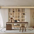 Modern Study Room Interior With Wooden Desk Laptop Table Lamp Shelves Plant And Large Windows