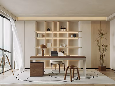 Modern Study Room Interior With Wooden Desk Laptop Table Lamp Shelves Plant And Large Windows 3d model