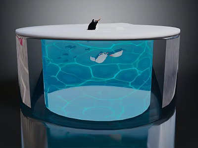 Vibrant Cartoon Scene with Transparent Round Aquarium Blue Water Small Fish White Animal and Penguin 3d model